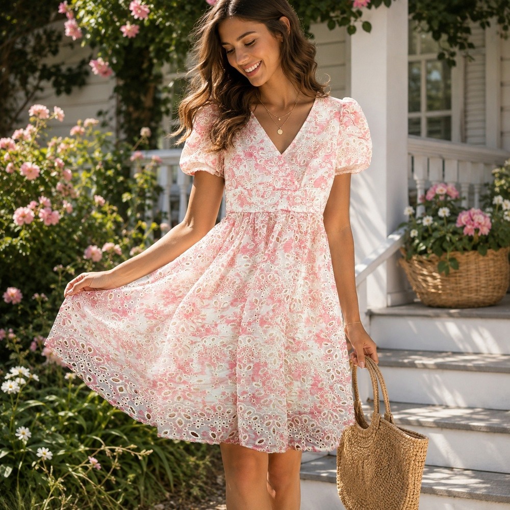 MOTF Premium Pink White Eyelet Lace Puff Sleeve V-Neck Midi Dress XS